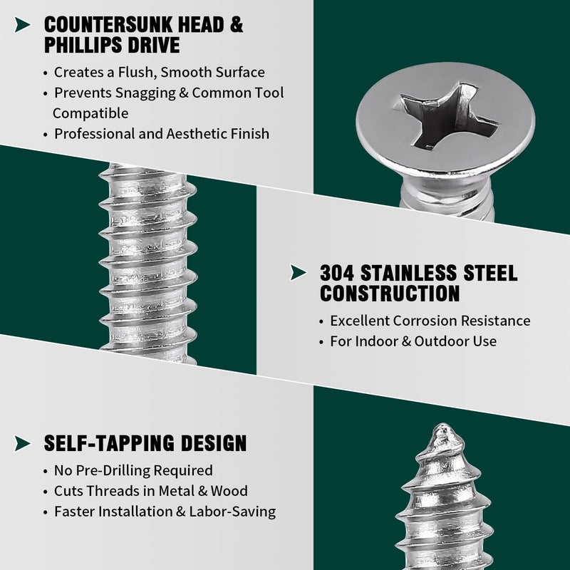 EASTLO #8 x 3/4" (100 pcs) Flat Head Sheet Metal Screws, 304 Stainless Steel (18-8), Phillips Drive, Self Tapping, Corrosion Resistant Screws for Wood, Sheet Metal and More - Image 4